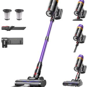 Akku Staubsauger Kabellos, 55000Pa 620W 75Min 1.8L Staubsauger Kabellos mit Display, Selbststehend, Wandladestation, Anti-Tangle-Bürste, 8-Fach Filtration, für Tierhaare/Teppiche/Hartböden/Auto